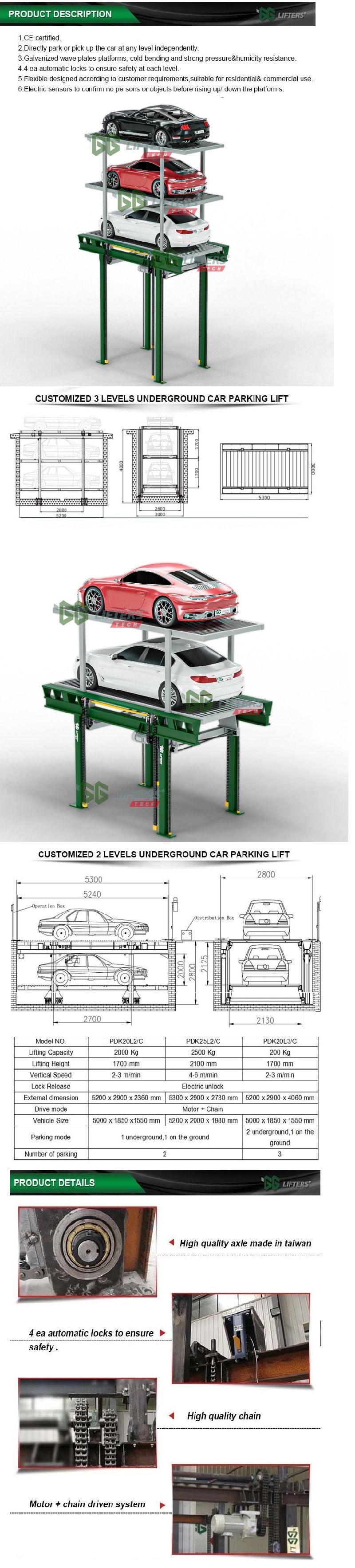 Pit parking system inground car lift for 2-3 levels