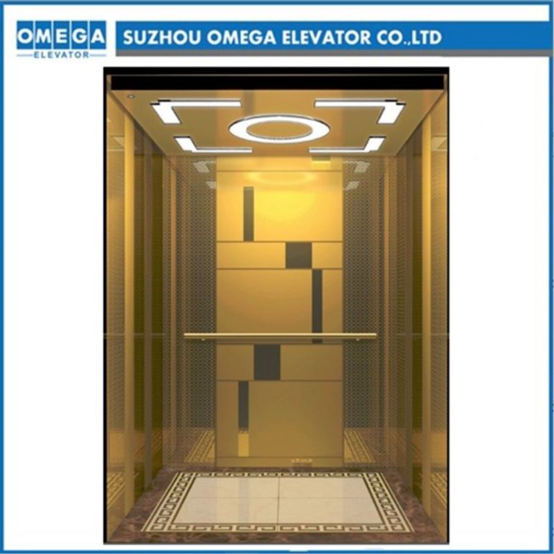 Hitachi Gearless Mrl Titanium Gold Mirror Etched Passenger Home Elevator