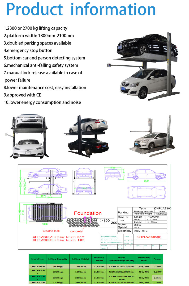 Two Post Column Garage Smart Parking Lift Stacker with Ce and ISO