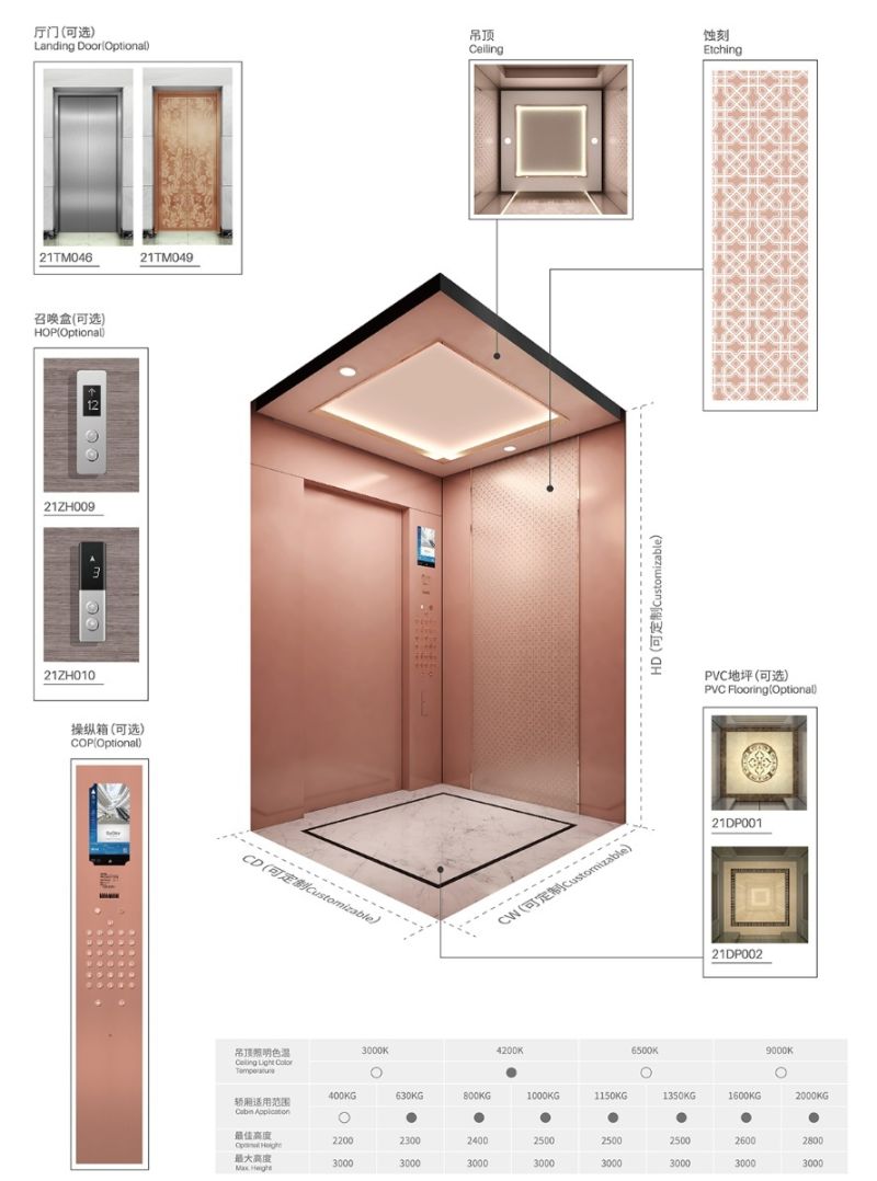 Rose Gold Mirror 630kg 8persons Passenger Cargo Lift for Home