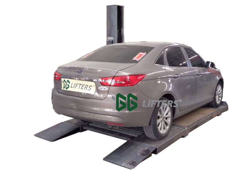 Single post parking car lift with automatic lock release