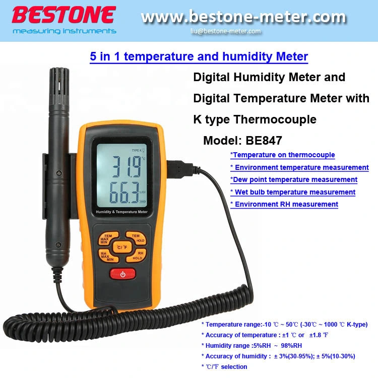 5 in 1 Multifunctional Temperature and Humidity Meter Digital Thermometer with K Type Thermocouple, Dew Point Temperature, Wet Bulb Temperature, Humidity Be847