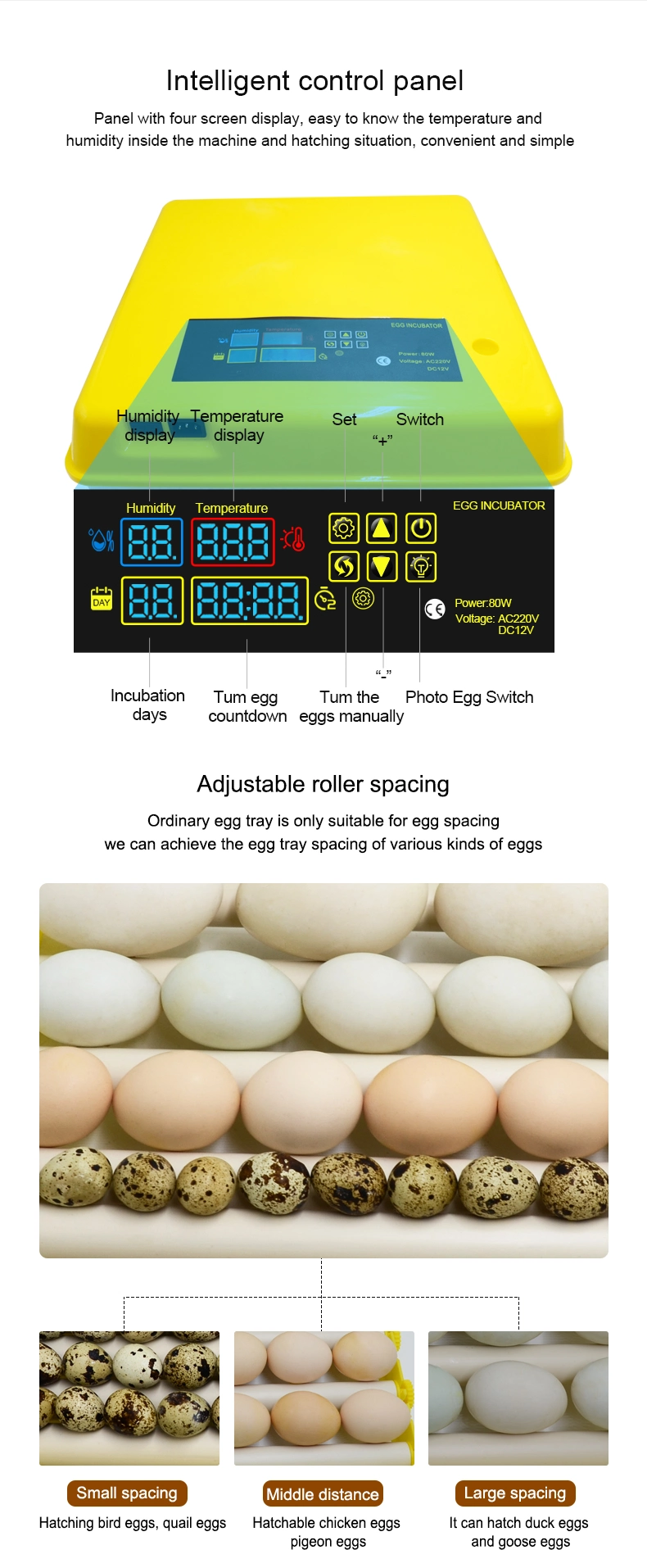 Hatching Eggs with Automatic Turner Humidity Display for 42 Chicken Eggs Incubator