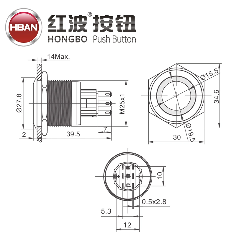 25mm IP67 1no1nc Flat Round Ring Illuminated Push Button Switch