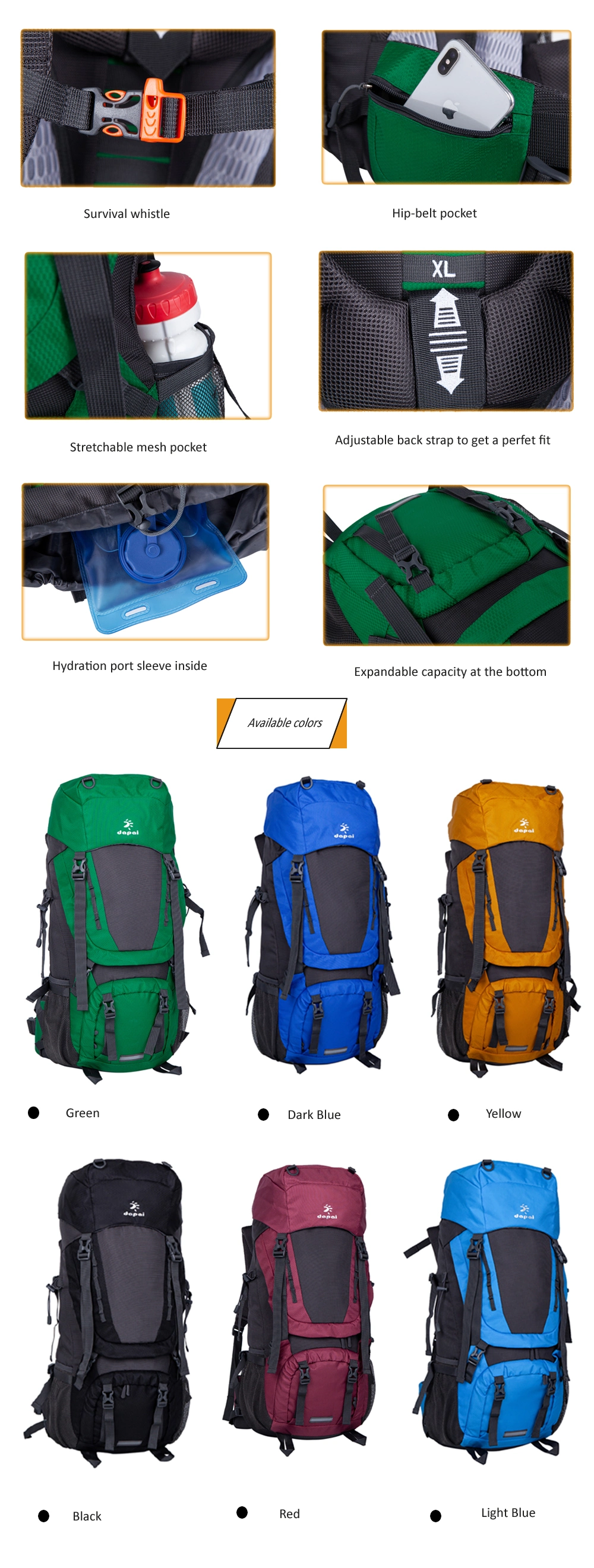 Large Mountaineering Light Weight Wear Resistant Travel Outdoor Camping Trekking Backpack Waterproof Hiking Rucksack