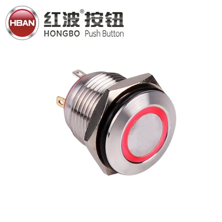 Hban 16mm Waterproof Metal Stainless Steel Push Button Switch with Red Ring LED
