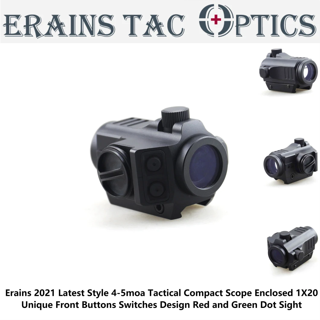 Erains 2021 Latest Style 4-5moa Tactical Compact Hunting Rifle Scope Enclosed 1X20 Unique Front 2 Buttons Switches Design Red and Green DOT Gun Sight