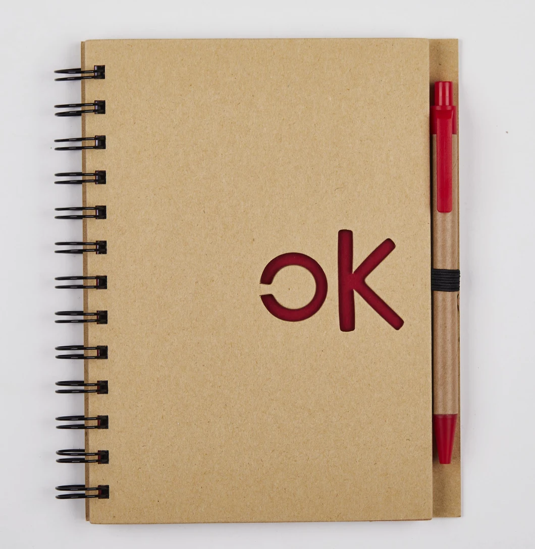 Eco-Friendly Promotional Spiral Notebook with Pen, Recycled Notebook with Ok Shaped Die Cut