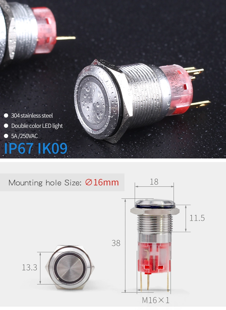 19mm Ring- Illuminated Self-Return Double Color RGB LED Metal Push Button Switch