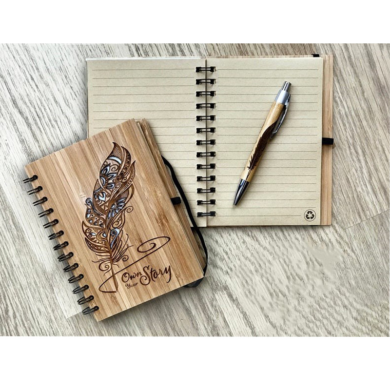 Feather Notebook with Personalised Bamboo Cover Design Eco-Friendly Stationery