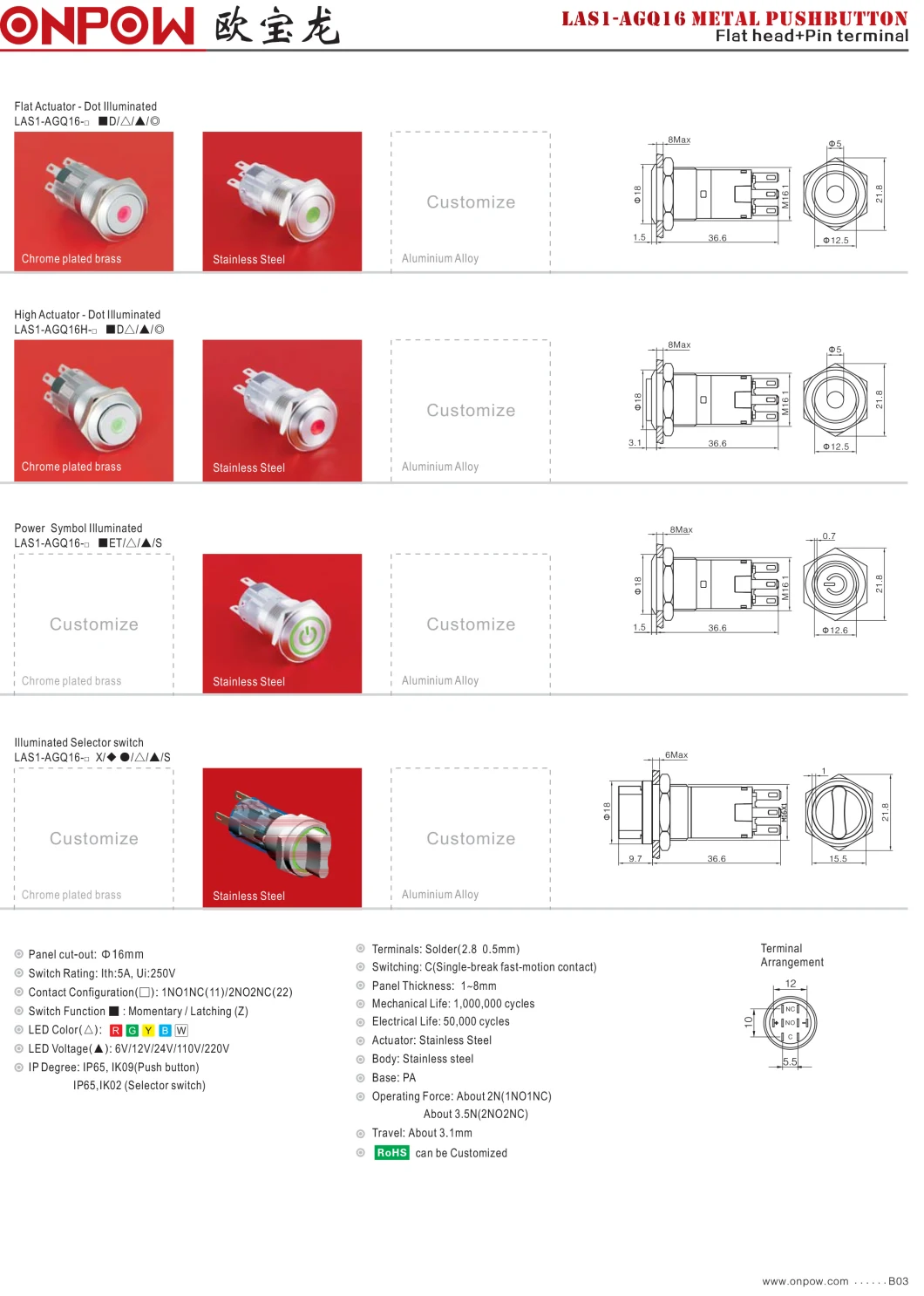 Onpow Established in 1988/Push Button Metal Switch 16mm with Waterproof/Power Symbol/on-off Light