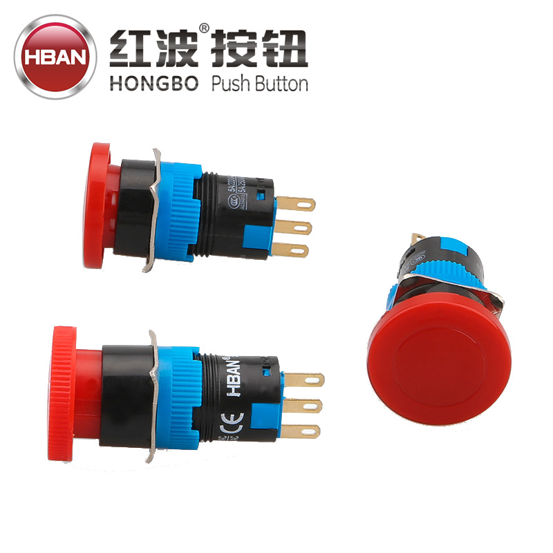 Ce ISO9001 16mm 5A/250V Red Mushroom Head Emergency Stop Switch Latching Push Button Switch