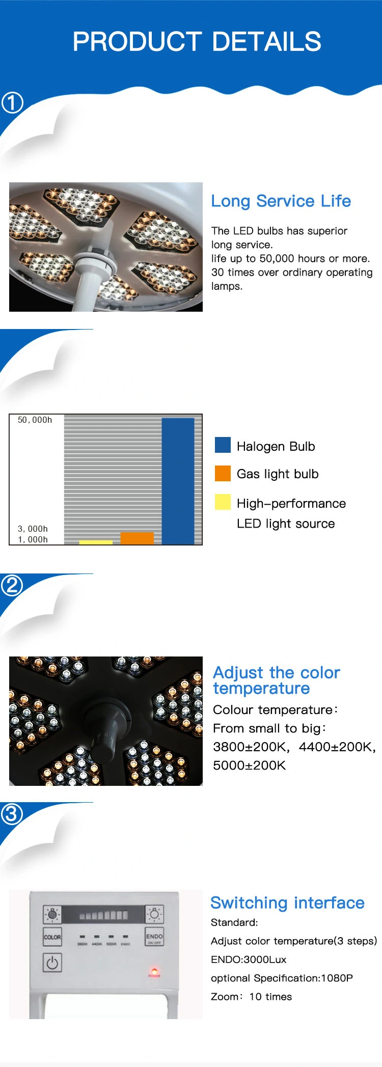 50000 Hours Surgery Room Equipment Adjust Color Temperature LED Operating Room Lamp (500 LED)