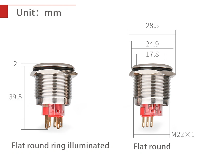 RoHS 25mm Flat Round Not Illuminated Momentary Push Button Switch 2no2nc