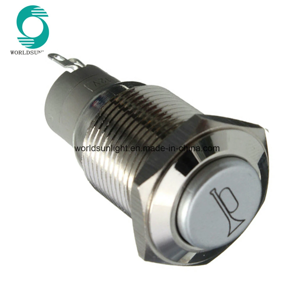 16mm 12V Latching Illuminated Stainless Steel Metal Waterproof High Flat Push Button Switch with Horn Logo