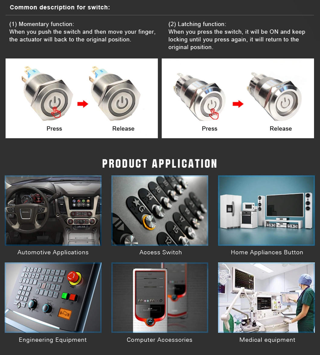 19mm 3pin No Nc Momentary Pushbutton Reset Switch with Connector