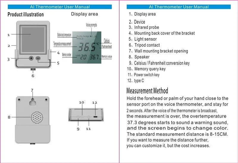 Ai Thermometer Hygrometer Body Temerature Check Detection IR Sensor 2s Detect