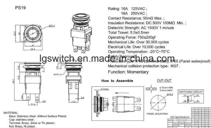 Power IP65 Waterproof Illuminated Light Push Button Switch 16A250VAC