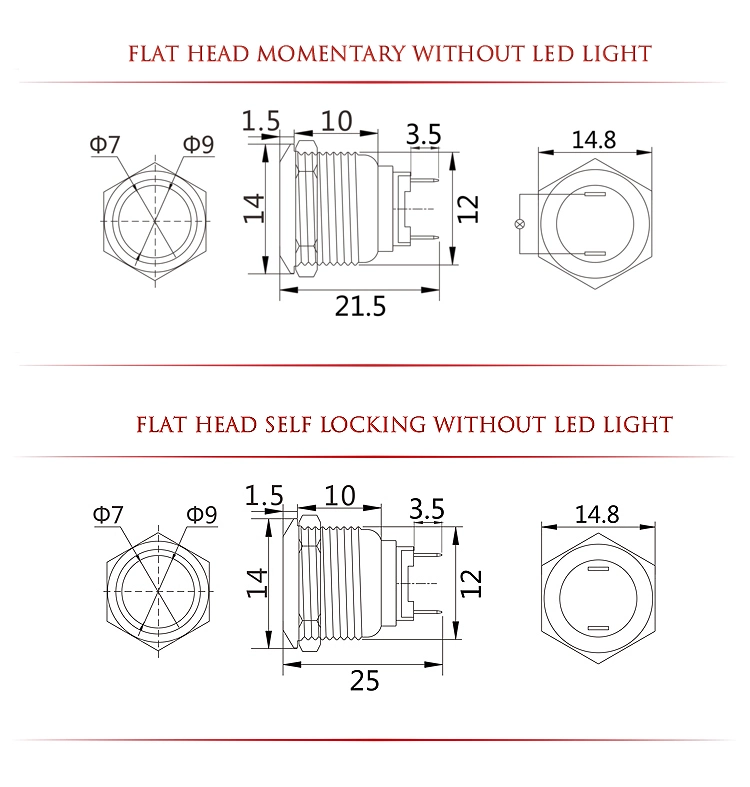 Metal Push Button Switch 12mm IP65 Self-Locking Stainless Steel Push Button Switch