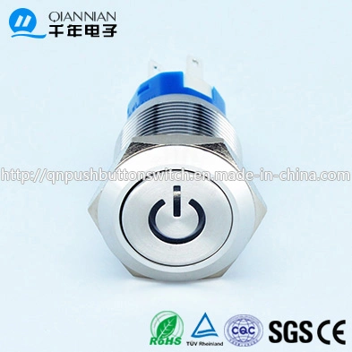 Qn19-C5 19mm Character Illuminated Type Momentary|Latching Flat Head Power Blue 12V Latching Stainless Switch