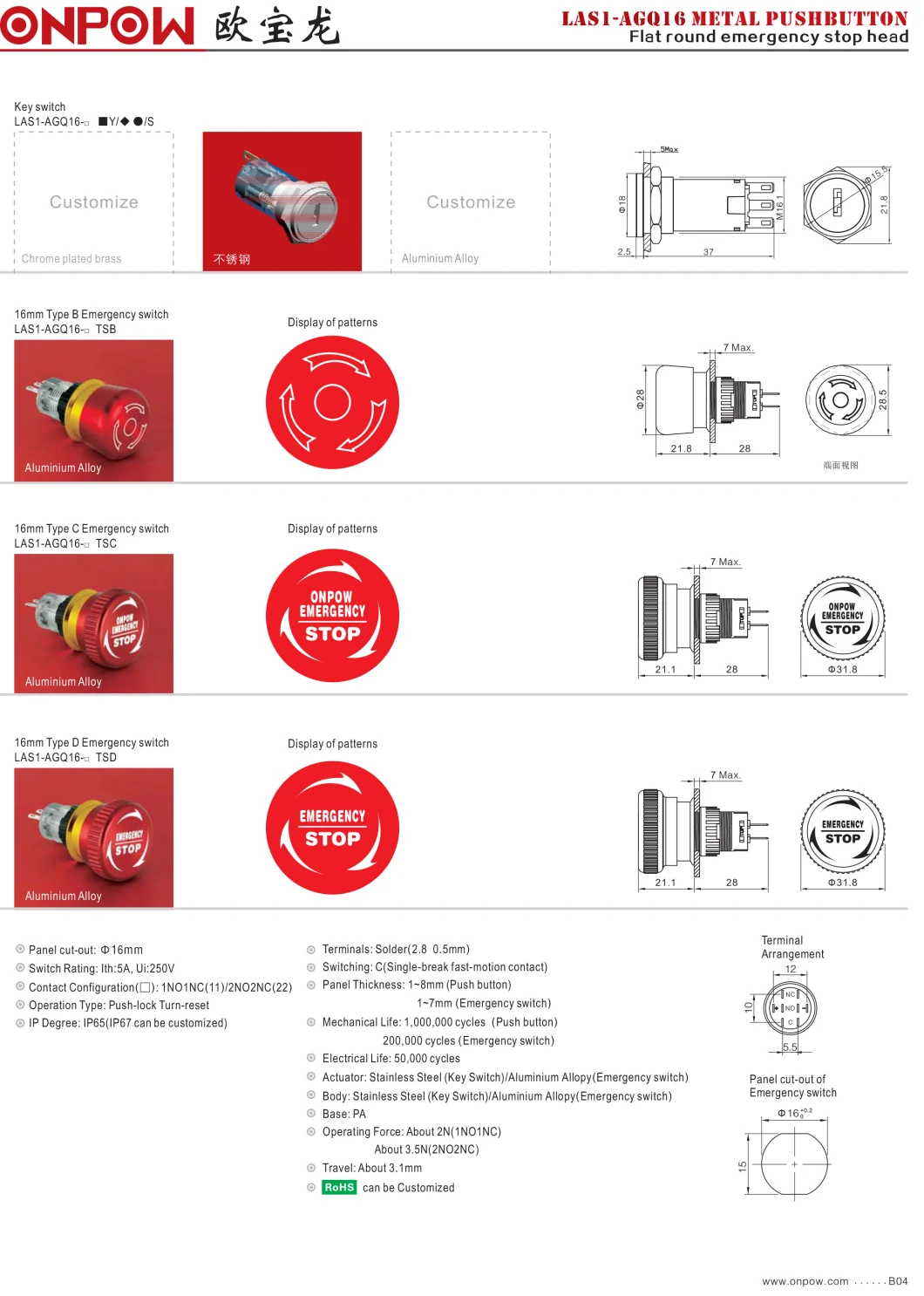 Onpow Established in 1988/Push Button Metal Switch 16mm with Waterproof/Power Symbol/on-off Light