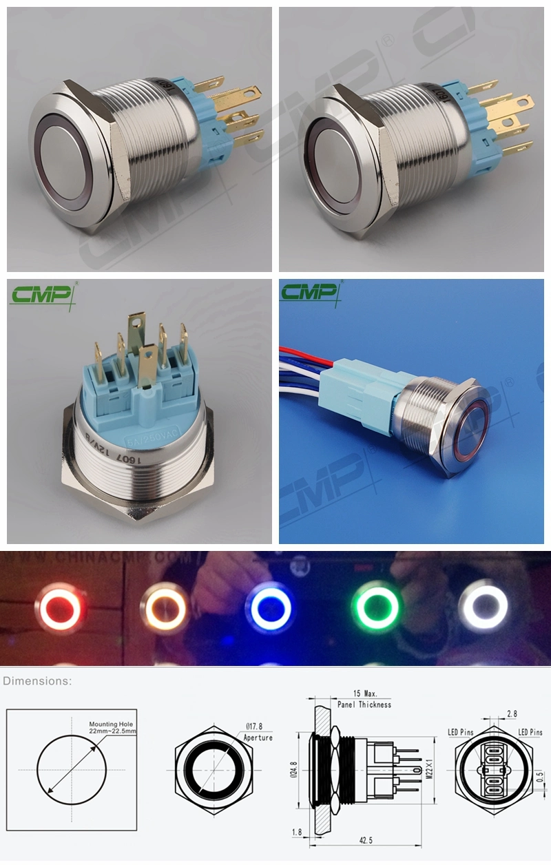 Metal Waterproof 22mm LED Illuminated Latching 6 Pin Push Button Switch