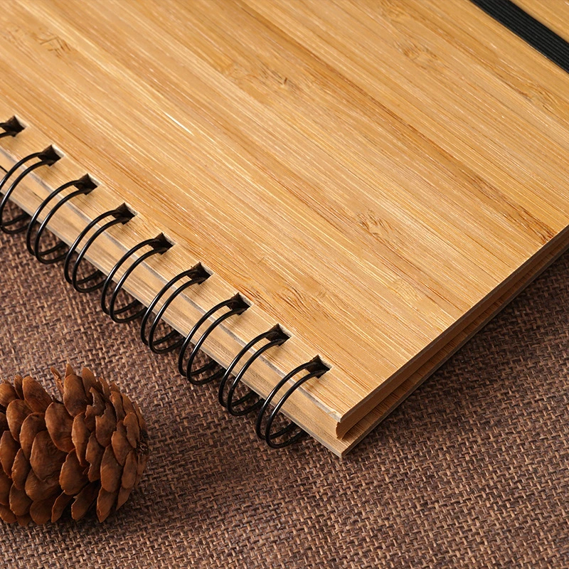 Office Supply Notebook Diary Wooden Bamboo Spiral Cover Notepad with Bamboo Pen for Student