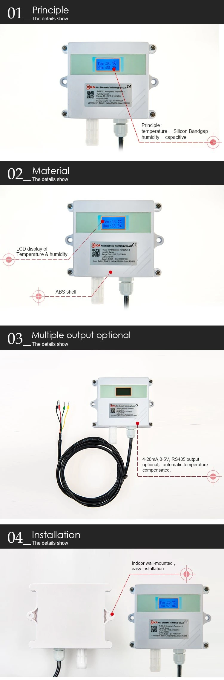 Rk330-02 RS485 Modbus Output Greenhouse Atmospheric Temperature and Humidity Sensor