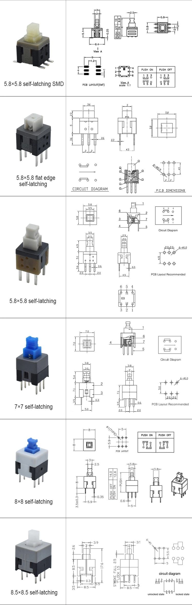 Button Switch 7X7mm 8*8mm 6pin Push Tactile Power Micro Switch Self Lock on/off Latching Button Switch