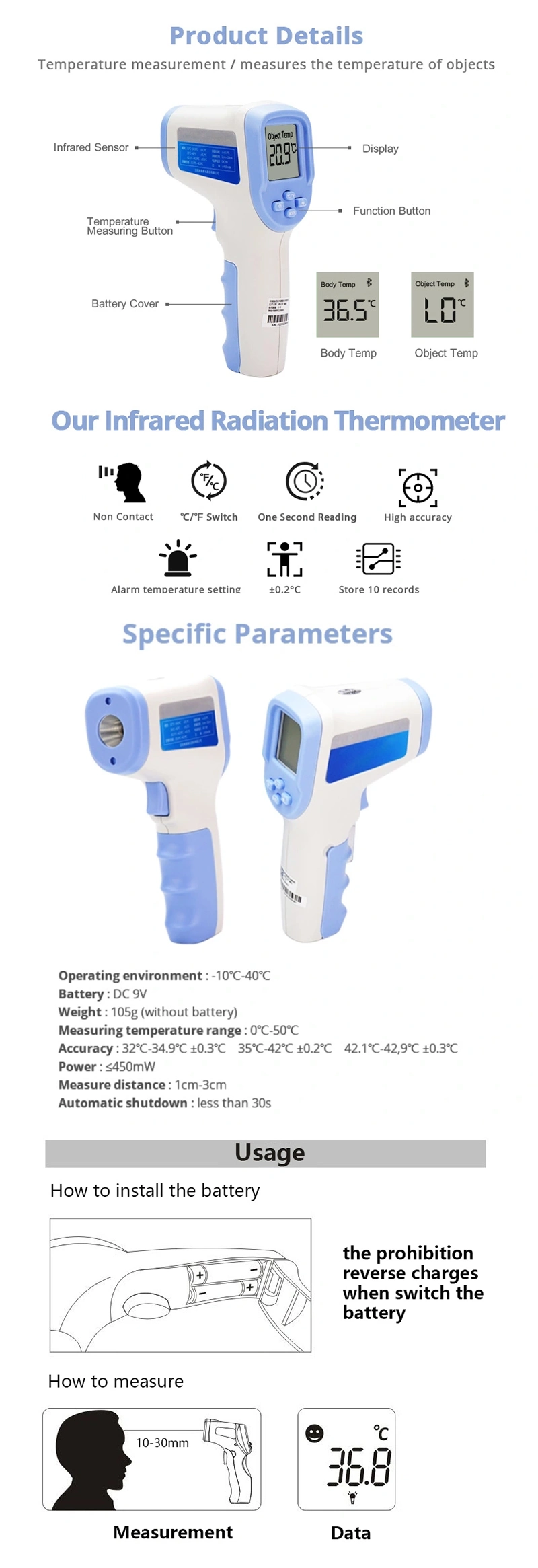 Factory Wholesale Surface Temperature Reading Forehead Thermometer Infrared Temperature Gun