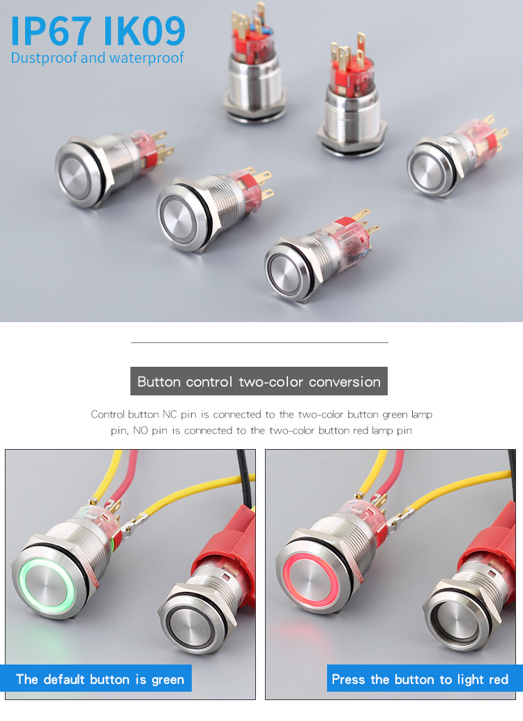 19mm High Round Power Symbol LED Waterproof Bi-Color RGB Stainless Steel Push Button Switch
