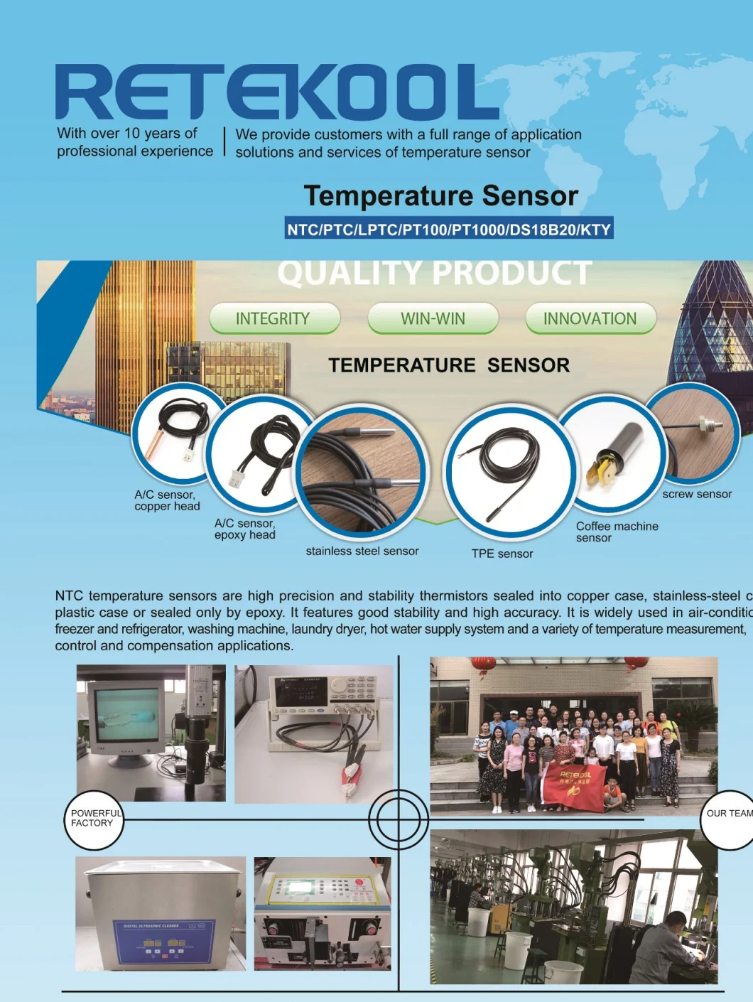 Ntc SUS Stainless Steel PT100 IP68 10K Temperature Probe Sensor