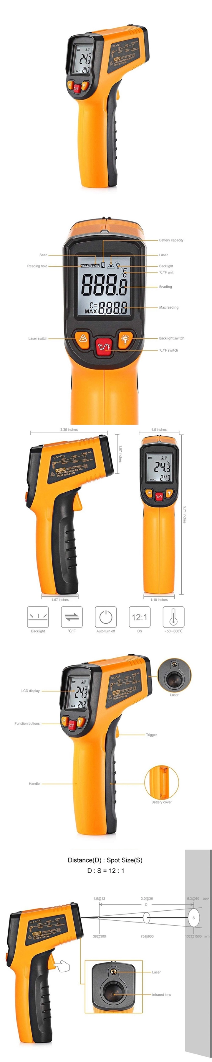 GM320 Digital Non Contact Laser Infrared Oven Thermometer Sensor -50-380 Degree Temperature Pyrometer IR Laser Industrial Thermometer Gun