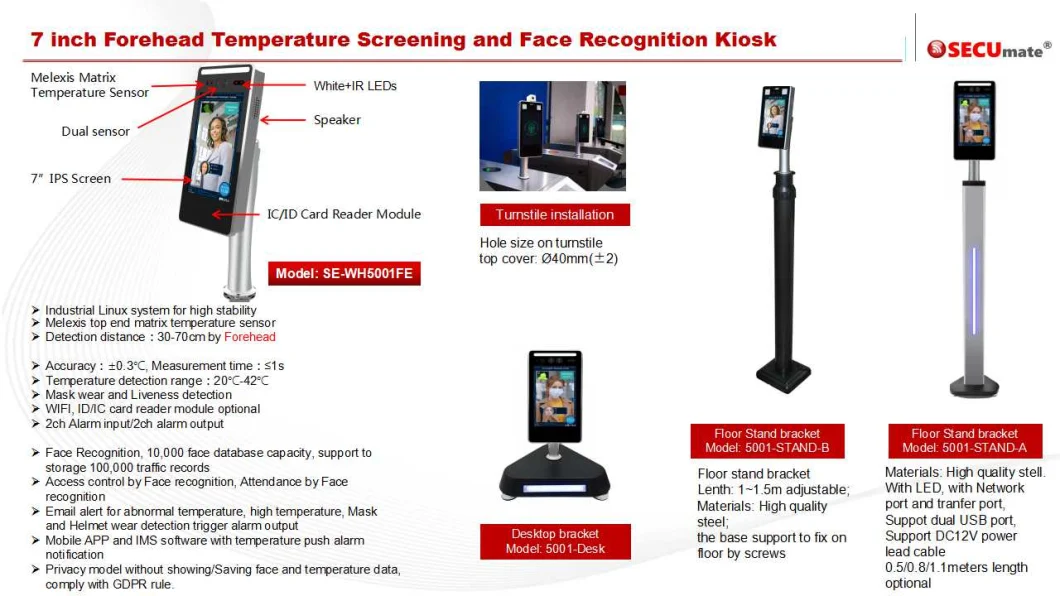 Touchless Fever Alert High Temperature Screening Terminal with Face Recognition Access Control and Temperature Measurement