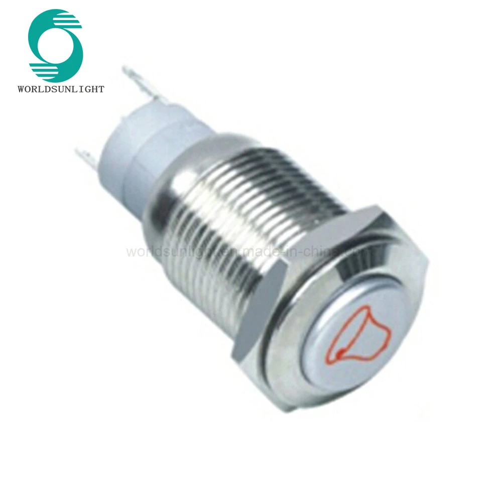 16mm High Flat Round Momentary 12V Red Door Bell Symbol Waterproof IP67 Elevator Push Button Switch
