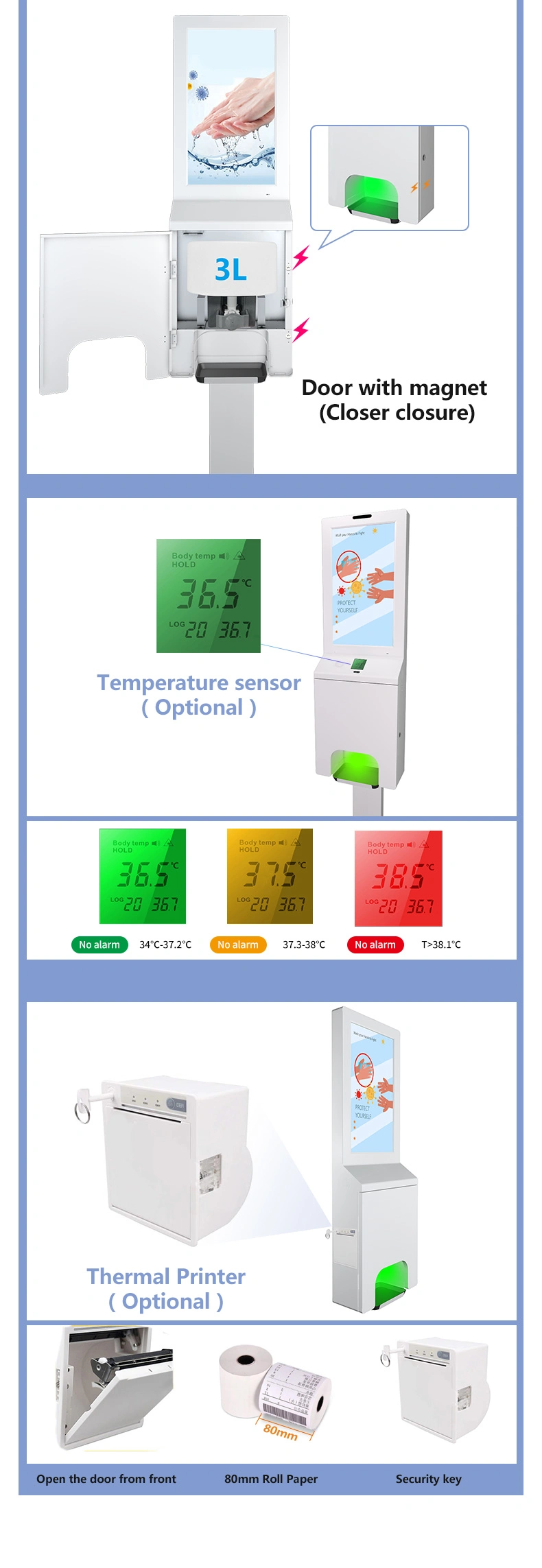 Advertising LCD Players Automatic Digital Sensor Thermometer Sanitizer Temperature Kiosk