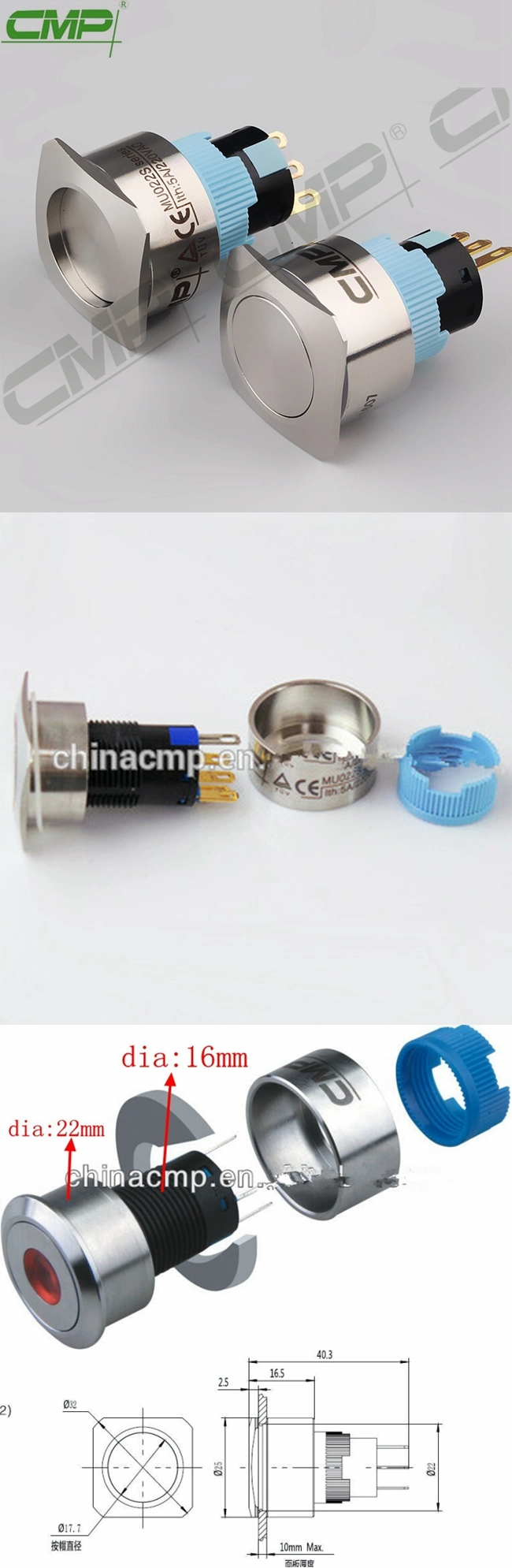 22mm Momentary Spdt Water Proof Square Domed Metal Button Switch