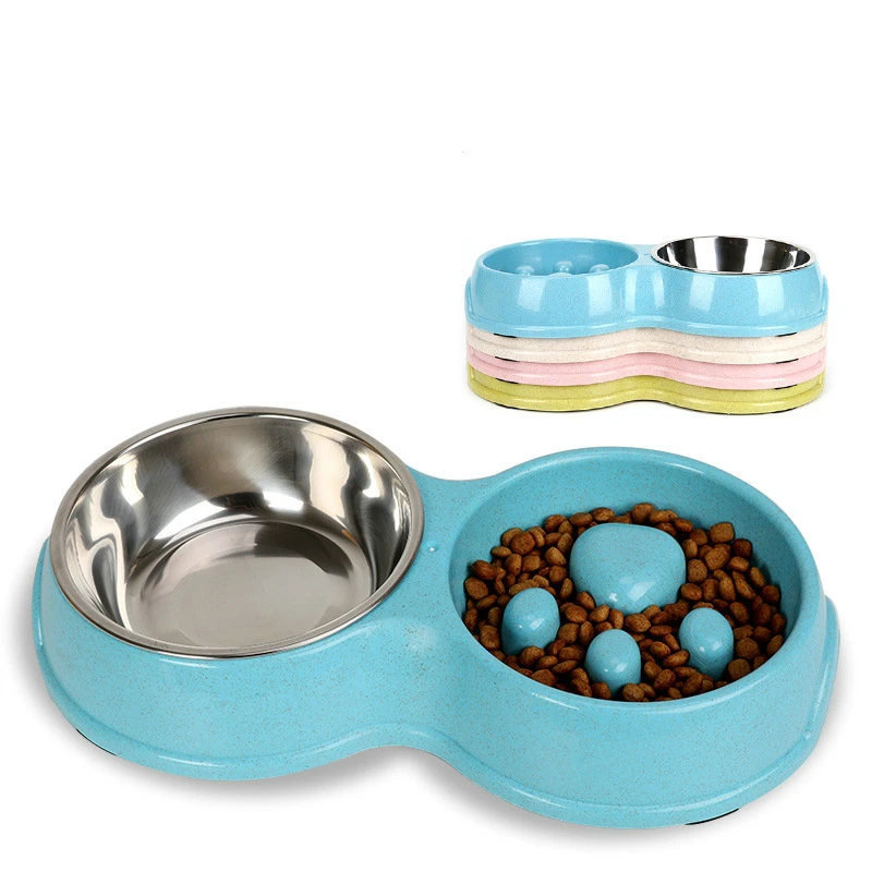 Slow Feeder Bowl for Small Medium Pets, Stainless Steel Water Bowl with Non-Skid, Double Bowl Pet Feeding Station Esg12366