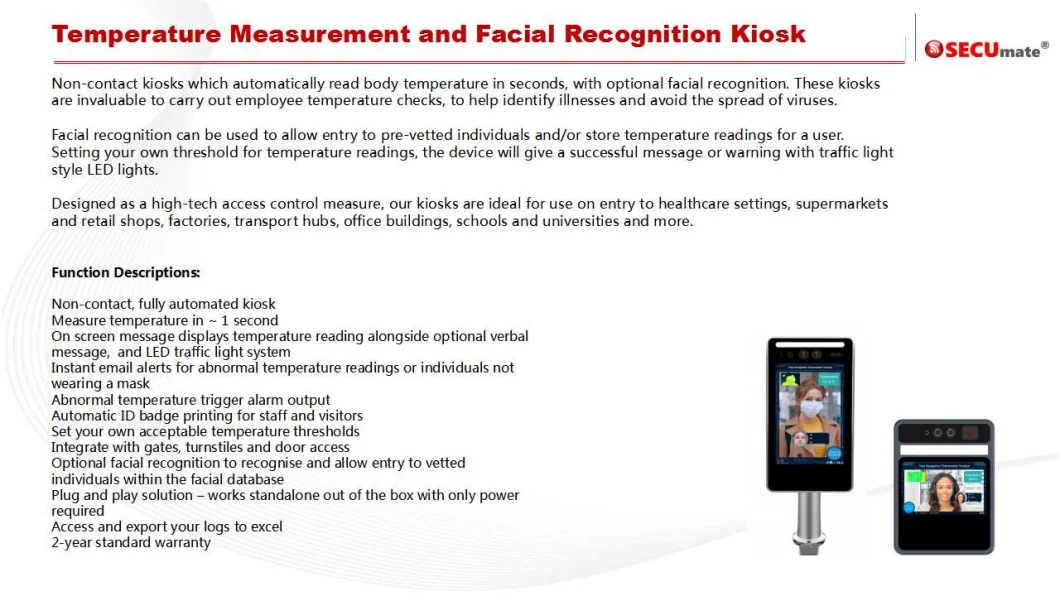 Facial Recognition System with Body Temperature Scanning Kiosk; Temperature Check and Measurement Kiosk with Mask Detection