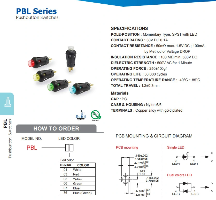 Spst PCB Terminal Power Push Button Switch Supplier