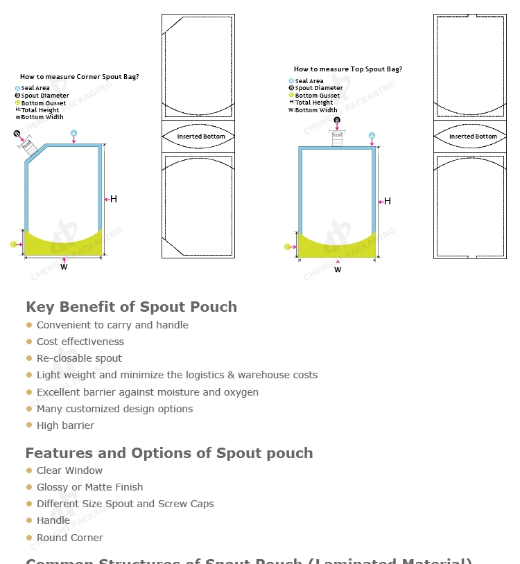 Beverage Packaging Sachet Plastic Liquid Juice Drink Pouch Spout Stand up Pouch