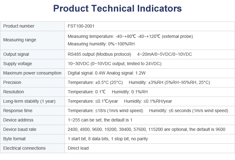 FST100-2001 24V DC Analog 0-10V 4 20mA RS485 Temperature and Humidity Sensor