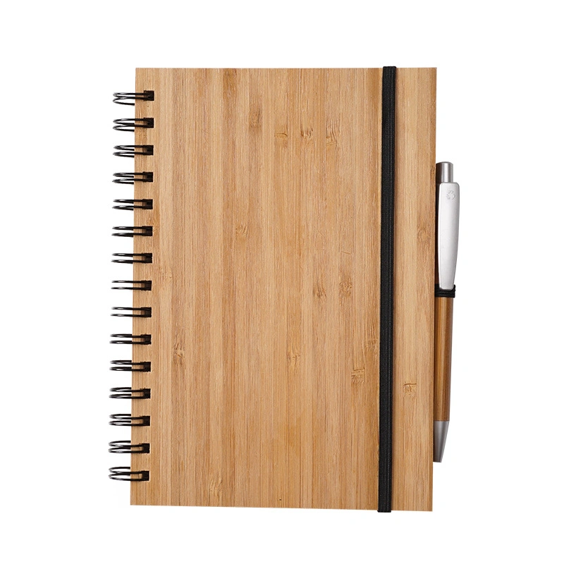 Office Supply Notebook Diary Wooden Bamboo Spiral Cover Notepad with Bamboo Pen for Student