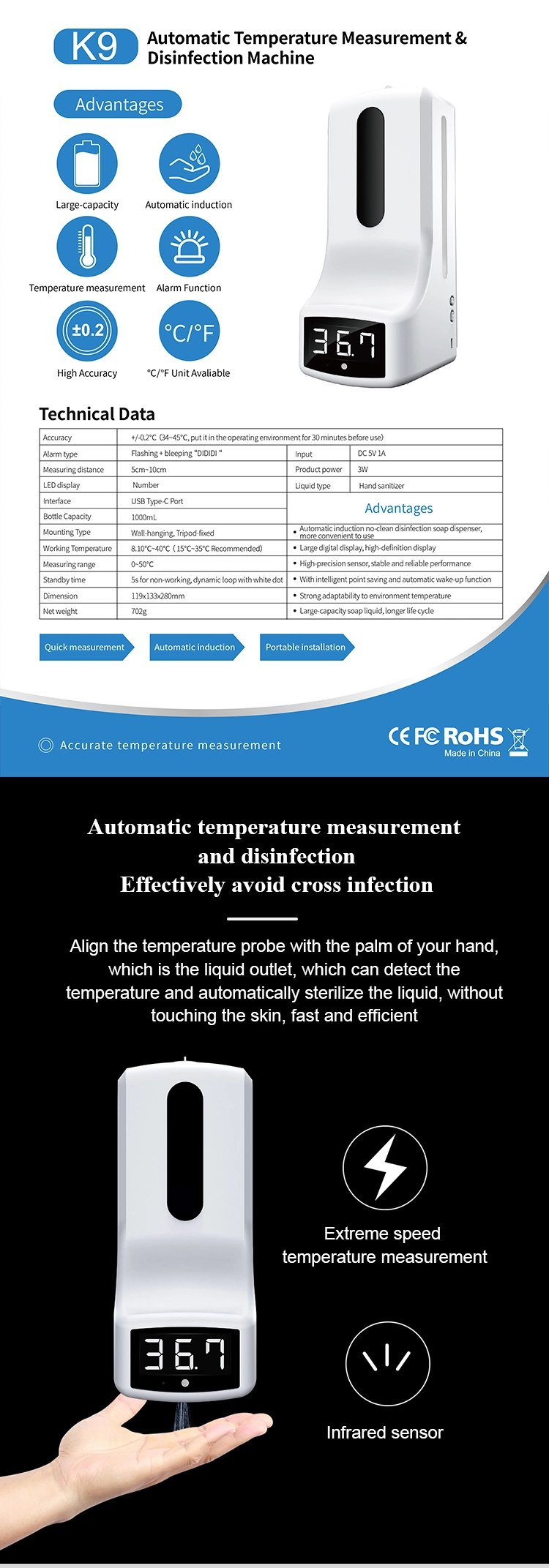 Factory Sale and Suppoet OEM Automatic Sensor Temperature Measurement Hand K9 Thermometer Automatic Soap Dispenser