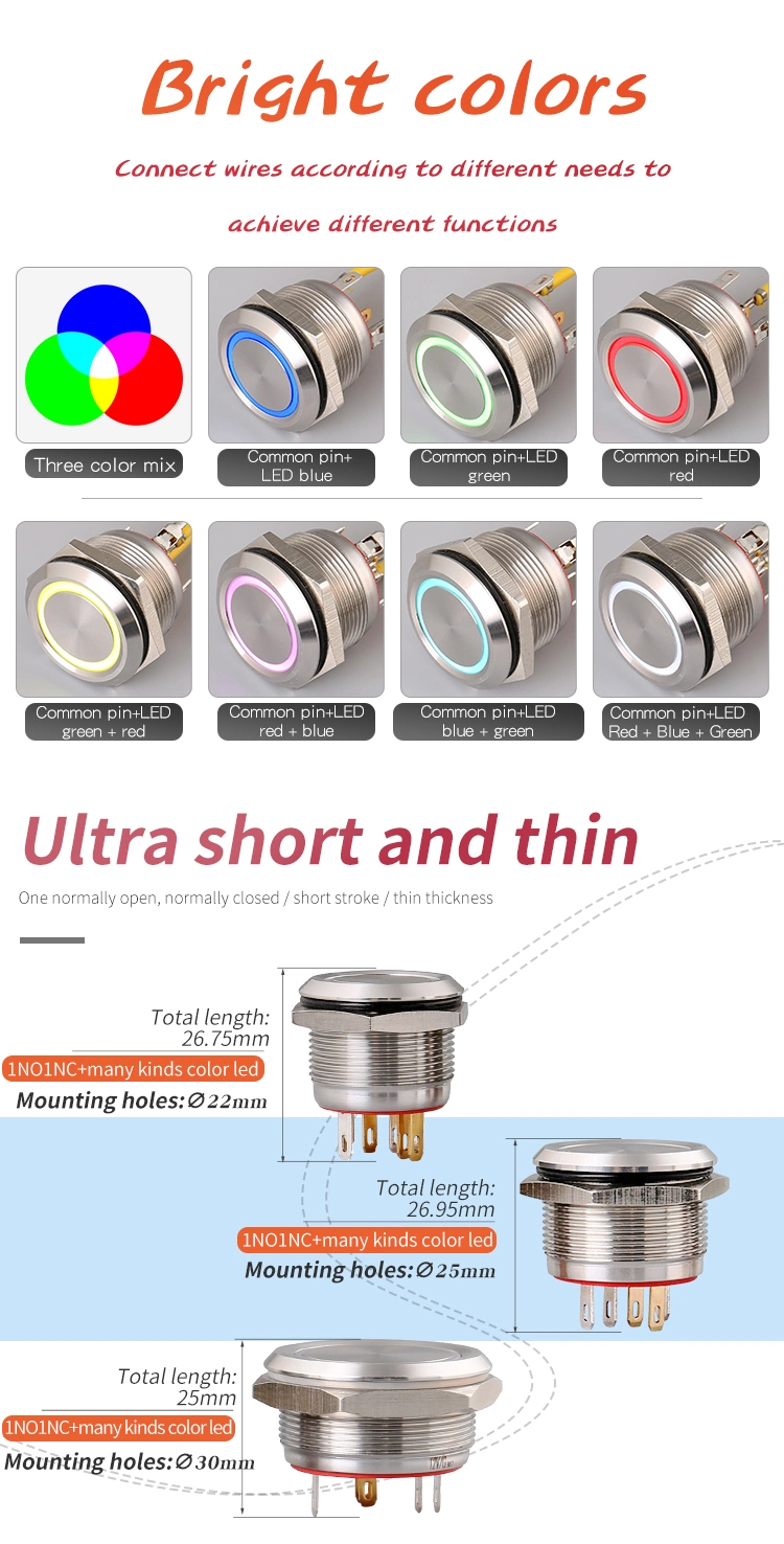 22mm Micro-Stroke Metal Push Button Switch Momentary RGB LED