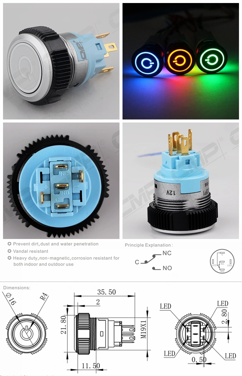 Momentary or Latching Nonc 19mm Dia Power Push Button Switch (TUV CE)