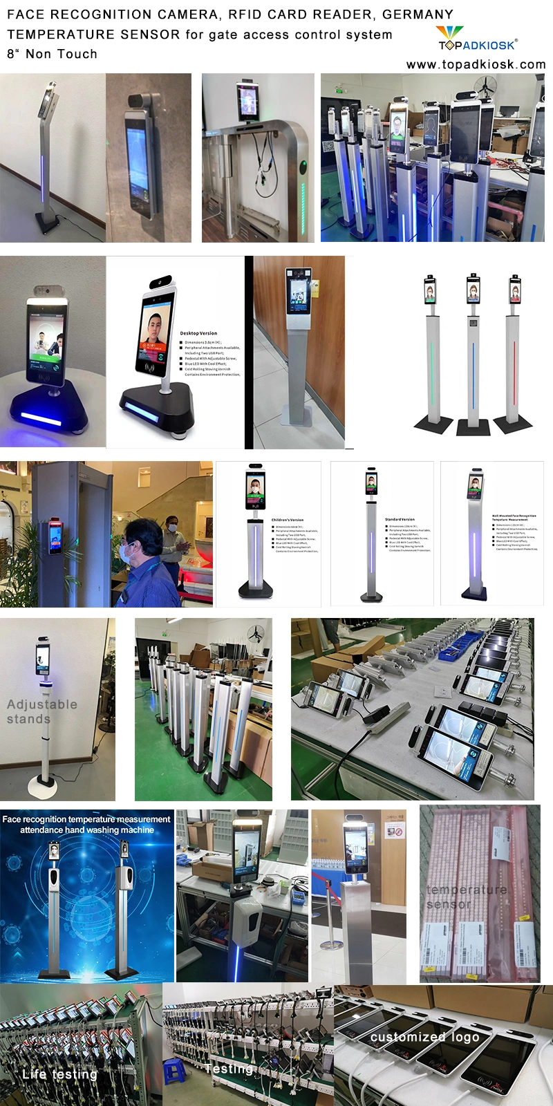 Free Standing Access Control 8 Inch Facial Recognition System Infrared Temperature Sensor Totem
