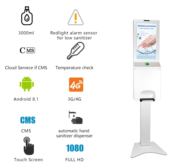 Aiyos Patented 21.5 Inch LCD Billboard Automatic Hand Santizing Dispenser Kiosk with Thermometer Sensor