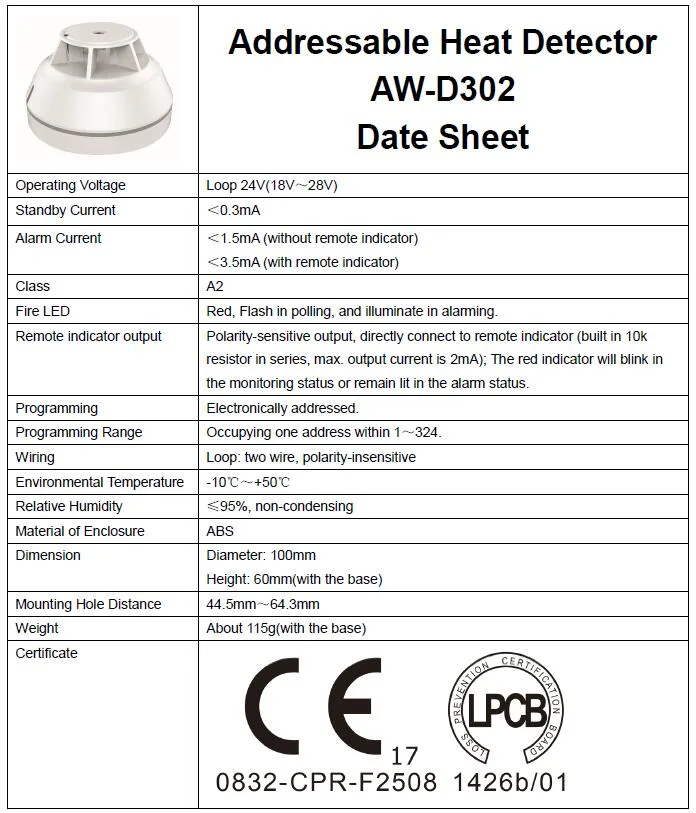 Aw-D302 Temperature Sensor Fire Detector Alarm System
