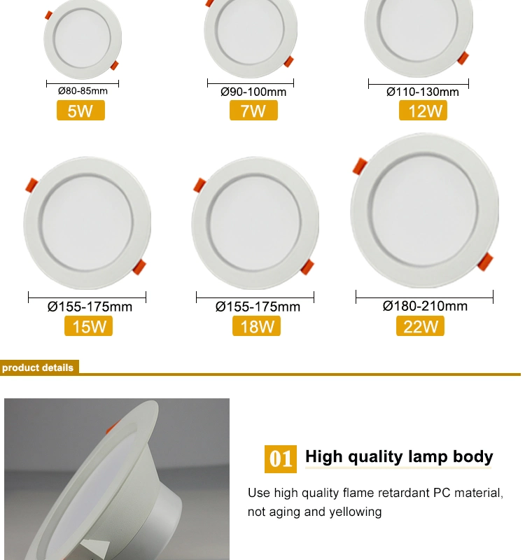 5W, 7W, 12W, 15W, 18W, 22W Round LED Ceiling Light Recessed Down Light Light Colour Customerized